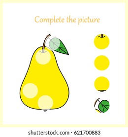 Complete the picture, puzzle task, game for preschool kids. pear