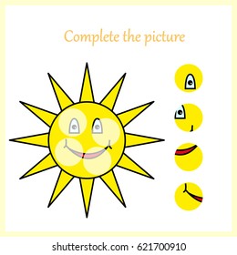 Complete the picture, puzzle task, game for preschool kids. sun vector
