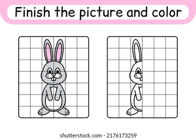 Complete the picture rabbit. Copy the picture and color. Finish the image. Coloring book. Educational drawing exercise game for children. Vector illustration