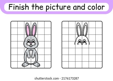 Complete the picture rabbit. Copy the picture and color. Finish the image. Coloring book. Educational drawing exercise game for children. Vector illustration