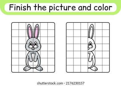 Complete the picture rabbit. Copy the picture and color. Finish the image. Coloring book. Educational drawing exercise game for children. Vector illustration