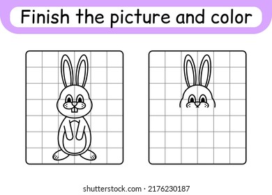 Completa el conejo fotográfico. Copia la imagen y el color. Termina la imagen. Libro de colorear. Juego educativo de dibujo para niños. Ilustración del vector