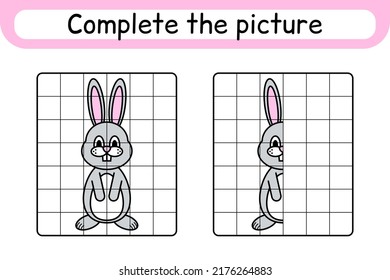 Complete the picture rabbit. Copy the picture and color. Finish the image. Coloring book. Educational drawing exercise game for children. Vector illustration