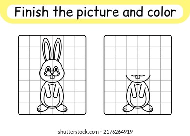 Complete the picture rabbit. Copy the picture and color. Finish the image. Coloring book. Educational drawing exercise game for children. Vector illustration