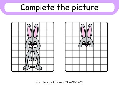 Complete the picture rabbit. Copy the picture and color. Finish the image. Coloring book. Educational drawing exercise game for children. Vector illustration