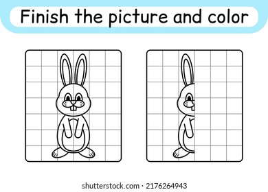 Complete the picture rabbit. Copy the picture and color. Finish the image. Coloring book. Educational drawing exercise game for children. Vector illustration