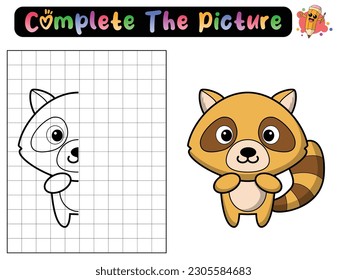 Complete the picture of a raccoon. Copy the picture. Coloring book. Educational game for children. Cartoon vector illustration