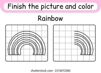 Complete the picture rainbow. Copy the picture and color. Finish the image. Coloring book. Educational drawing exercise game for children. Vector illustration