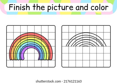 Complete the picture rainbow. Copy the picture and color. Finish the image. Coloring book. Educational drawing exercise game for children. Vector illustration