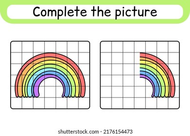 Complete the picture rainbow. Copy the picture and color. Finish the image. Coloring book. Educational drawing exercise game for children. Vector illustration