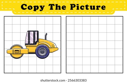 Complete the picture of a Road Roller. Copy the picture. Coloring book. Educational game for children. Cartoon vector illustration