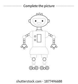 Complete the picture of robot. Coloring page. Children educational game. Activity.