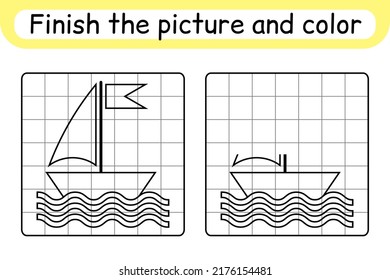 Complete the picture ship. Copy the picture and color. Finish the image. Coloring book. Educational drawing exercise game for children. Vector illustration
