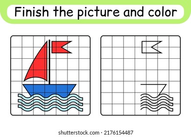 Complete the picture ship. Copy the picture and color. Finish the image. Coloring book. Educational drawing exercise game for children. Vector illustration