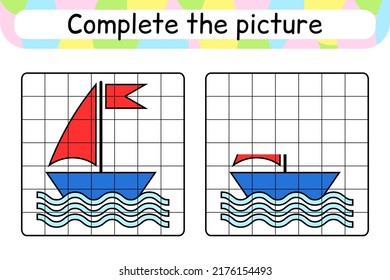 Complete the picture ship. Copy the picture and color. Finish the image. Coloring book. Educational drawing exercise game for children. Vector illustration