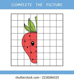 Complete the picture. Simple educational game for kids. Vector illustration of strawberry for coloring book