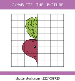Complete the picture. Simple educational game for kids. Vector illustration of cute beet for coloring book