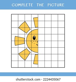 Complete the picture. Simple educational game for kids. Vector illustration of cute Sun for coloring book