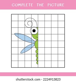 Complete the picture. Simple educational game for kids. Vector illustration of dragonfly for coloring book