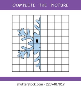 Complete the picture. Simple educational game for kids. Vector illustration of cute snowflake for coloring book