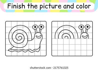 Complete the picture snail. Copy the picture and color. Finish the image. Coloring book. Educational drawing exercise game for children. Vector illustration
