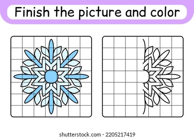 Vervollständigen Sie das Bild mit Schneeflocken. Kopieren Sie das Bild und die Farbe. Schließen Sie das Bild ab. Farbbuch. Bildungs-Zeichenkunst-Spiel für Kinder. Vektorgrafik