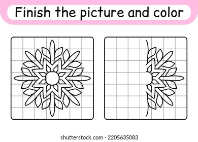Complete the picture snowflake. Copy the picture and color. Finish the image. Coloring book. Educational drawing exercise game for children. Vector illustration