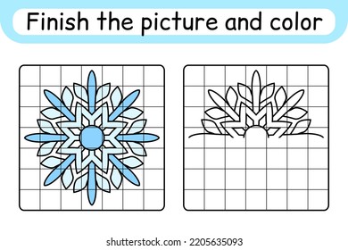Complete the picture snowflake. Copy the picture and color. Finish the image. Coloring book. Educational drawing exercise game for children. Vector illustration