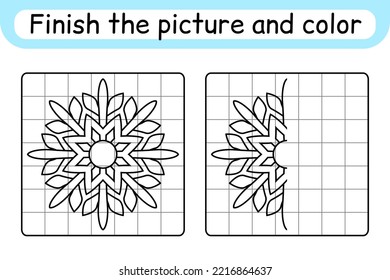 Complete the picture snowflake. Copy the picture and color. Finish the image. Coloring book. Educational drawing exercise game for children. Vector illustration