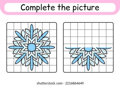 Complete the picture snowflake. Copy the picture and color. Finish the image. Coloring book. Educational drawing exercise game for children. Vector illustration