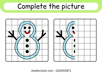 Complete the picture snowman. Copy the picture and color. Finish the image. Coloring book. Educational drawing exercise game for children. Vector illustration
