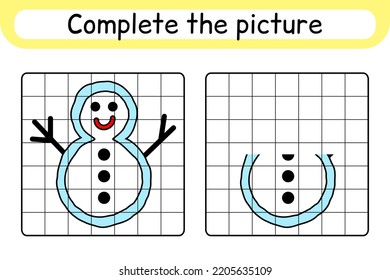 Complete the picture snowman. Copy the picture and color. Finish the image. Coloring book. Educational drawing exercise game for children. Vector illustration