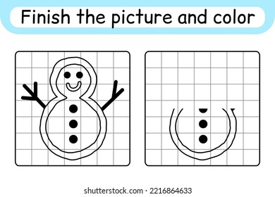 Complete the picture snowman. Copy the picture and color. Finish the image. Coloring book. Educational drawing exercise game for children. Vector illustration