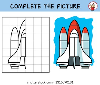 Complete the picture of a space shuttle. Copy the picture. Coloring book. Educational game for children. Cartoon vector illustration