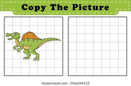 Complete the picture of a Spinosaurus. Copy the picture. Coloring book. Educational game for children. Cartoon vector illustration