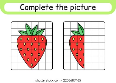 Complete the picture strawberry. Copy the picture and color. Finish the image. Coloring book. Educational drawing exercise game for children. Vector illustration