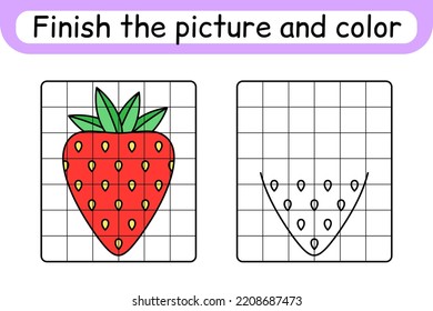 Complete the picture strawberry. Copy the picture and color. Finish the image. Coloring book. Educational drawing exercise game for children. Vector illustration