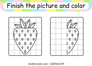 Complete the picture strawberry. Copy the picture and color. Finish the image. Coloring book. Educational drawing exercise game for children. Vector illustration