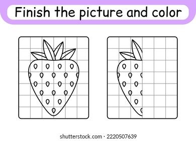 Complete the picture strawberry. Copy the picture and color. Finish the image. Coloring book. Educational drawing exercise game for children. Vector illustration