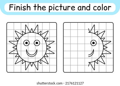 Complete the picture sun. Copy the picture and color. Finish the image. Coloring book. Educational drawing exercise game for children. Vector illustration