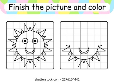 Complete the picture sun. Copy the picture and color. Finish the image. Coloring book. Educational drawing exercise game for children. Vector illustration