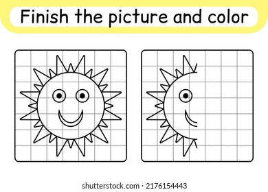 Complete the picture sun. Copy the picture and color. Finish the image. Coloring book. Educational drawing exercise game for children. Vector illustration