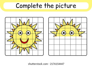 Complete the picture sun. Copy the picture and color. Finish the image. Coloring book. Educational drawing exercise game for children. Vector illustration