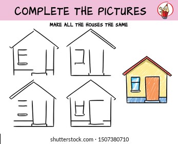 Complete the picture so that all the houses are the same. Coloring book. Educational drawing game for children. Cartoon vector illustration