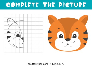 Complete the picture of a tiger. Copy the picture. Coloring book. Children art game for activity page.