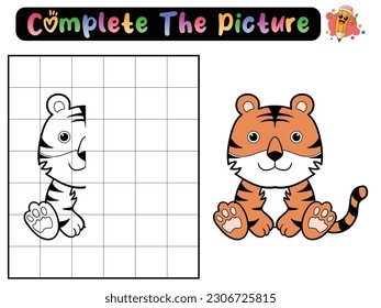 Completa la foto de un tigre. Copia la imagen. Libro de colorear. Juego educativo para niños. Ilustración vectorial de dibujos animados