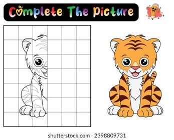 Complete the picture of a tiger. Copy the picture. Coloring book. Educational game for children. Cartoon vector illustration