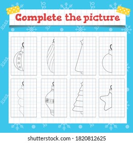 Complete the picture Toddler education games. Preschool or kindergarten Christmas worksheet. Vector illustration
