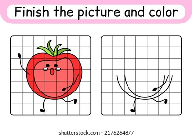 Complete the picture tomato. Copy the picture and color. Finish the image. Coloring book. Educational drawing exercise game for children. Vector illustration