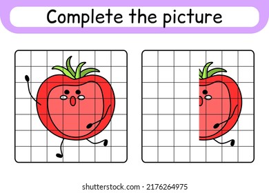 Complete the picture tomato. Copy the picture and color. Finish the image. Coloring book. Educational drawing exercise game for children. Vector illustration